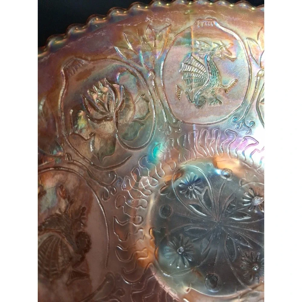 Carnival Glass Bowl  on‎ Pedestal with Dragon and Lotus pattern